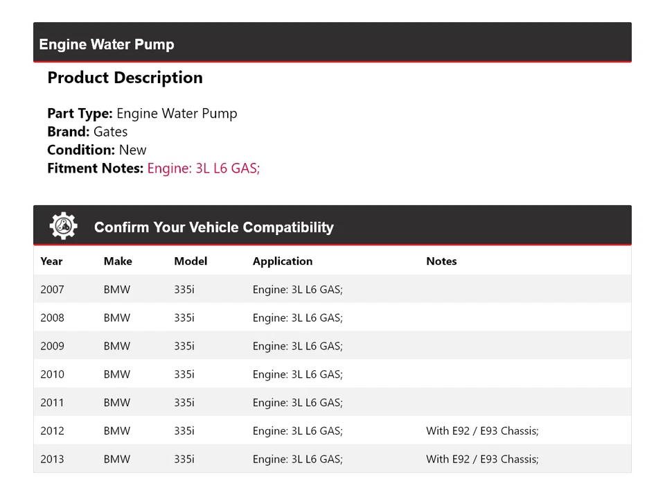 Portões de bomba de água motor GAS 2008 2009 2010 2011 para 2007-2013 BMW 335i 3L L6 - Imagem 2 de 4