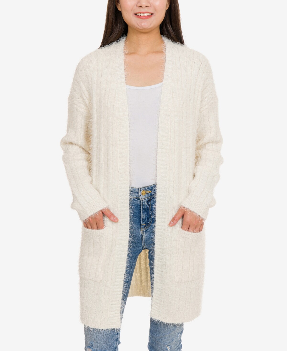 Hippie Rose Juniors' Fuzzy Cardigan - Ivory - Size XL
