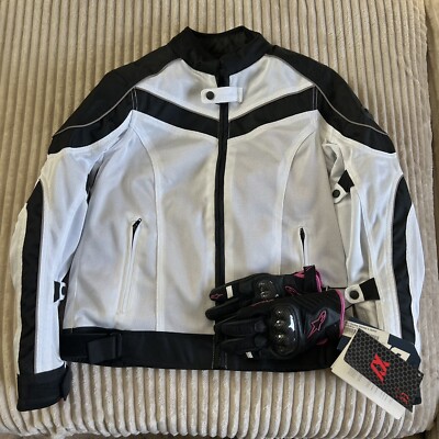 BILT Techno Motorcycle Armored Jacket Womens Medium WHT/BLK W Gloves