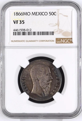 Mexico 50 Centavos, 1866Mo, KM-387, Empire of Maximilian, NGC VF 35