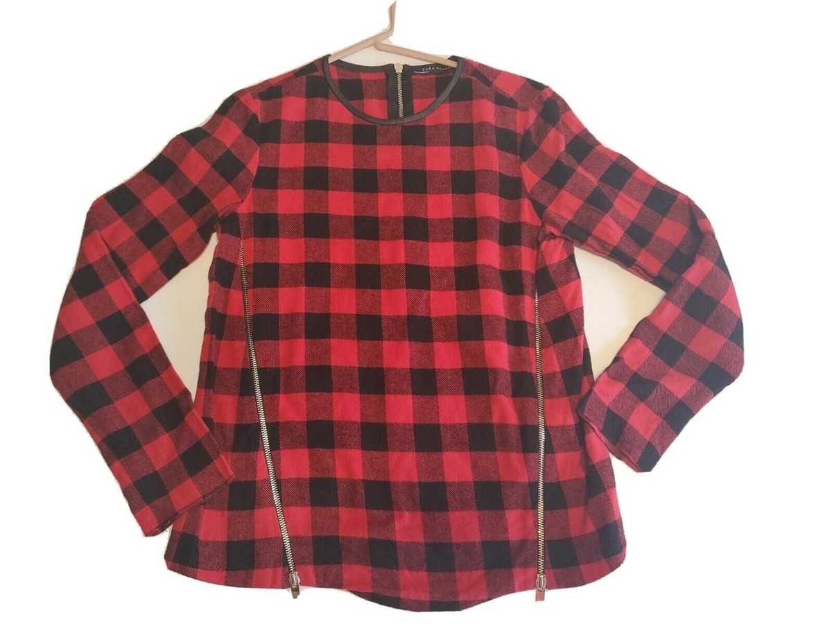 Zara Woman Small Plaid Top Moto Zip Detail Faux Leather Trim Red