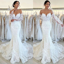 Elegant Mermaid Wedding Dresses Lace Applique Detachable Long Sleeve Bridal Gown