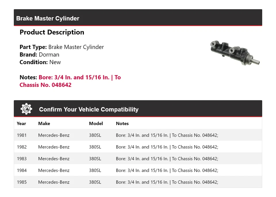 Cilindro maestro de freno Dorman 1981-1985 Mercedes-Benz 380SL 1982 1983 1984 Foto 2 de 4