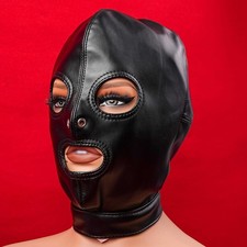 PU Leather Bondage Head Hood Harness Mask BDSM Open Mouth Eyes Roleplay Game USA