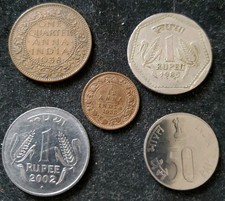 India 5 Coin Lot 1938 1/4 Anna 1935 1/12 Anna 1985 & 2002 1 Rupee 2000 50 Paise