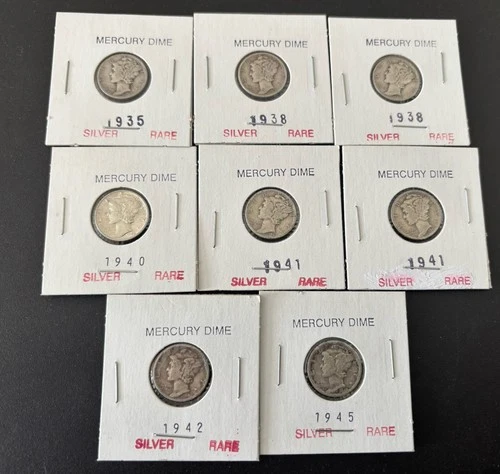 8 Good Condition Estate Mercury Dimes 1935-1845 90% Silver
