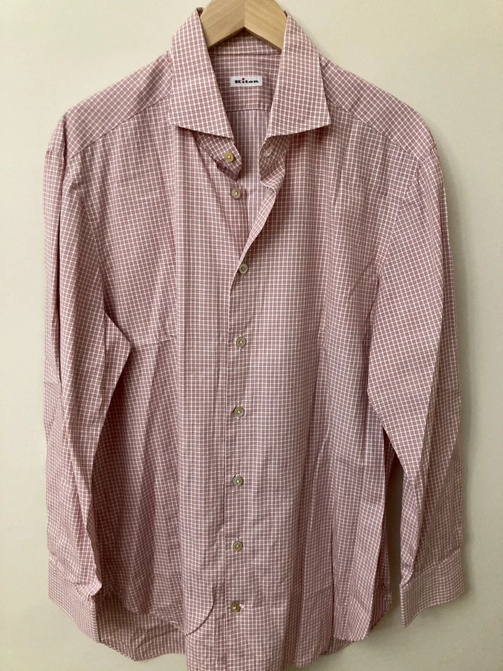 Camisa de vestir KITON roja/blanca/gris 17,5/44 en muy buen estado -- defectuosa Foto 2 de 4