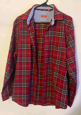 IZOD Mens Button Down Oxford Dress Shirt Size L Red Plaid