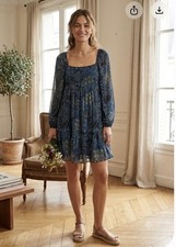 Sezane Baby Doll Balloon Sleeves Patchwork Modaic Mini Loose Dress Size 40 US 8