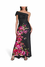 Eliza J Women’s Gown 6 Black Pink Green Floral One Shoulder