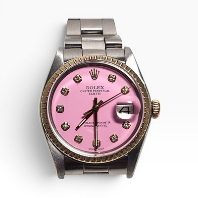 Rolex Date 34 mm Two Tone Candy Pink Diamond Dial Oyster Watch 1500 Circa 1979