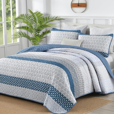 Blue Quilt King Size, Bohemian Stripe Quilt Sets 3 Pieces Boho Quilted Bedspread