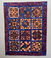 Handmade Batik Patchwork Quilt Throw 49x62 Cotton Purple Blue Orange OOAK