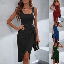 Women's Asymmetric Wrap Dress Square Neck Sleeveless Knotted Waist Midi Dress