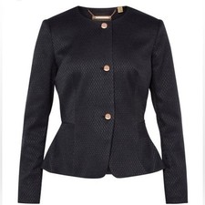 Ted Baker London Working Title Navy Blue Peplum Blazer Jacket Rose Gold Size 1