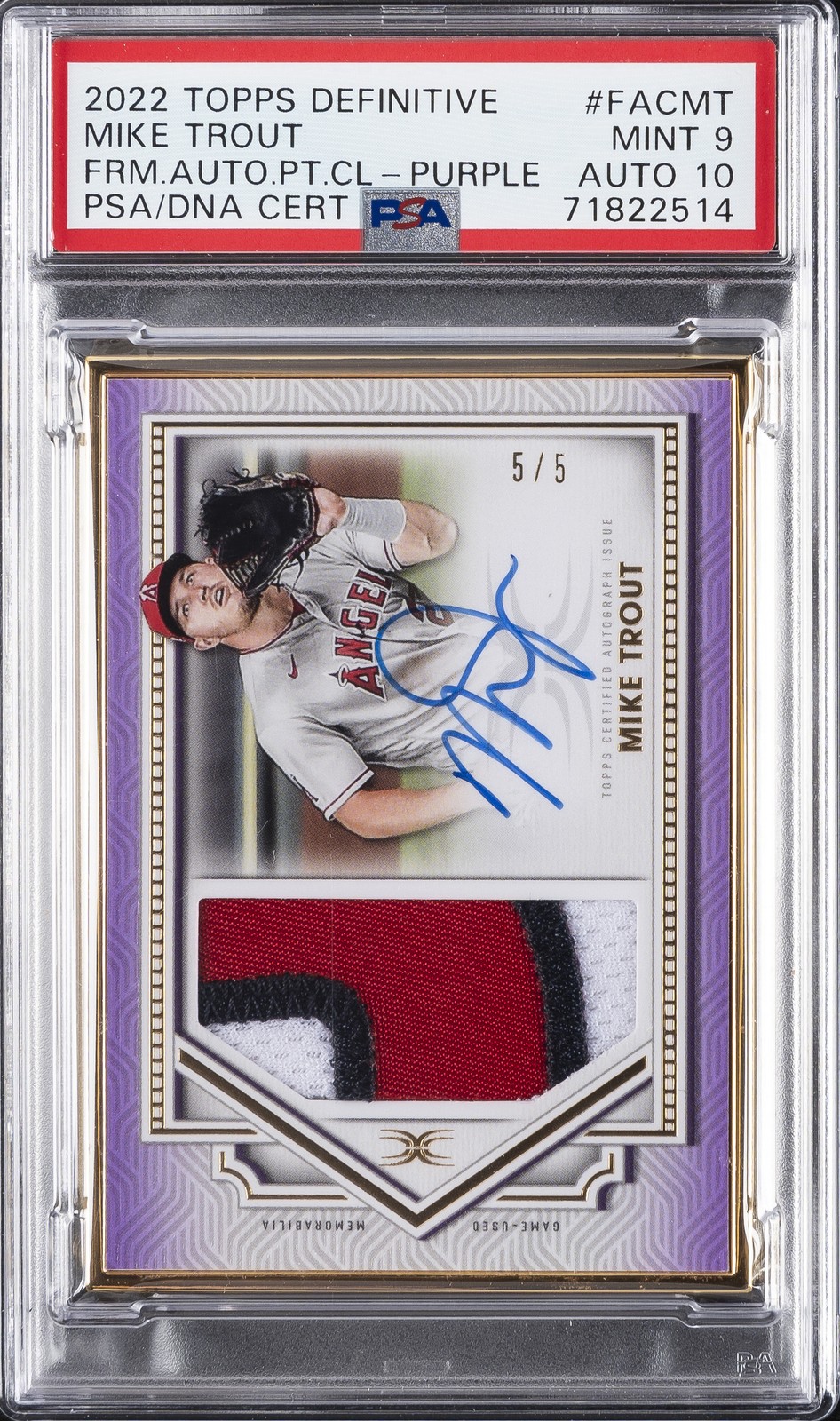 2022 TOPPS DEFINITIVE FRAMED PATCH COLLECTION PURPLE MIKE TROUT /5 PSA 9 AUTO 10 view 1