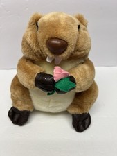 Russ Berrie Buck Beaver Plush 8  Stuffed Animal Toy Pink Rose I Love You