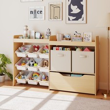 Wood Kids Toy Storage Organizer w/Bookshelf,9Plastic Bin,Movable Drawer Playroom