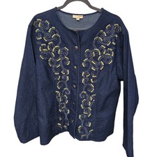 Choices Denim Jacket Women s XL Embroidered Boho Whimsical Artsy Boxy Fit