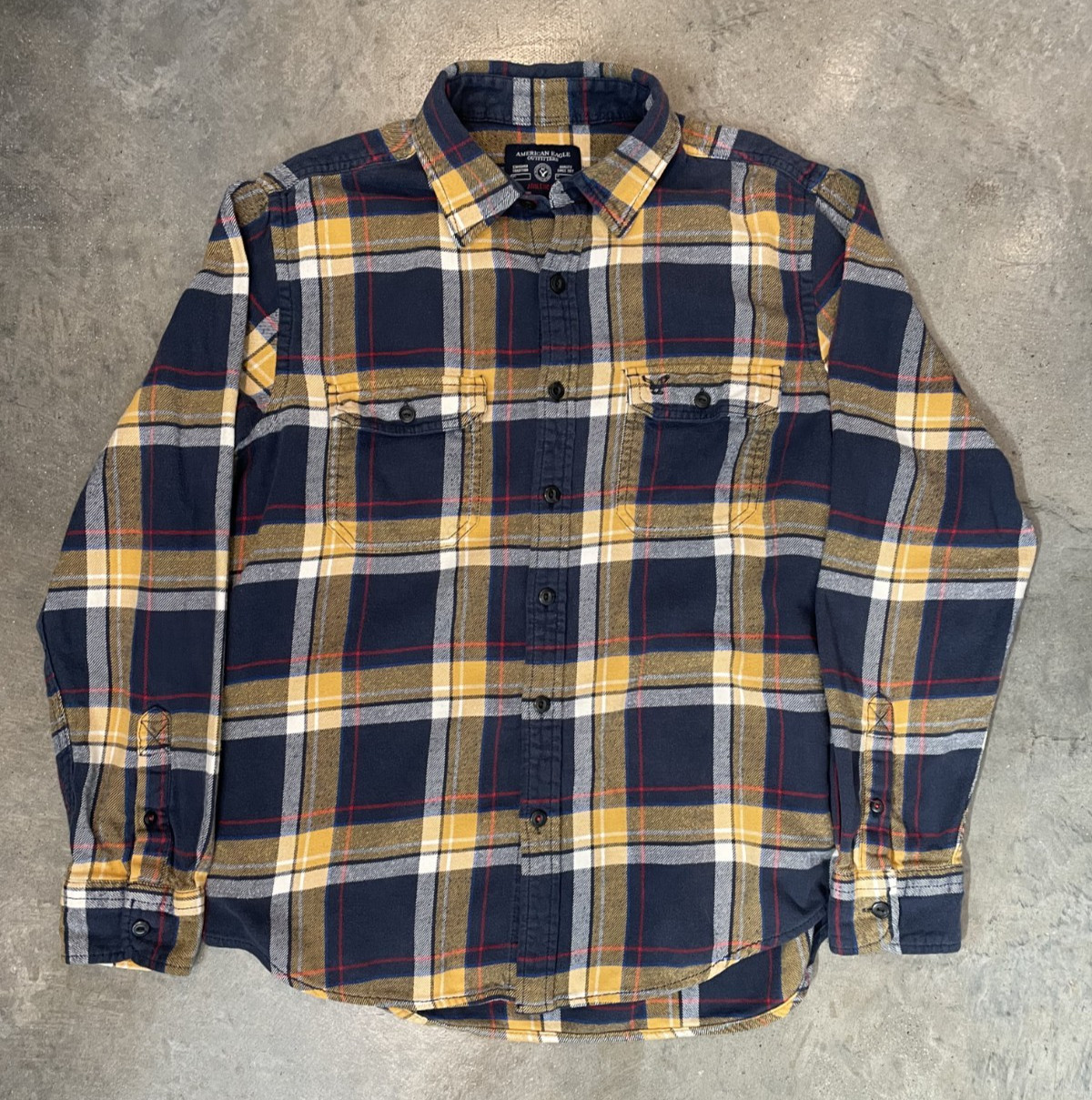 American Eagle Flannel Shirt L Blue Plaid Red Yellow White Athletic Fit thumbnail 4