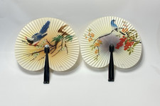 Vintage Chinese Folding Fans Pair Hand Painted Birds Flowers Metal Handles