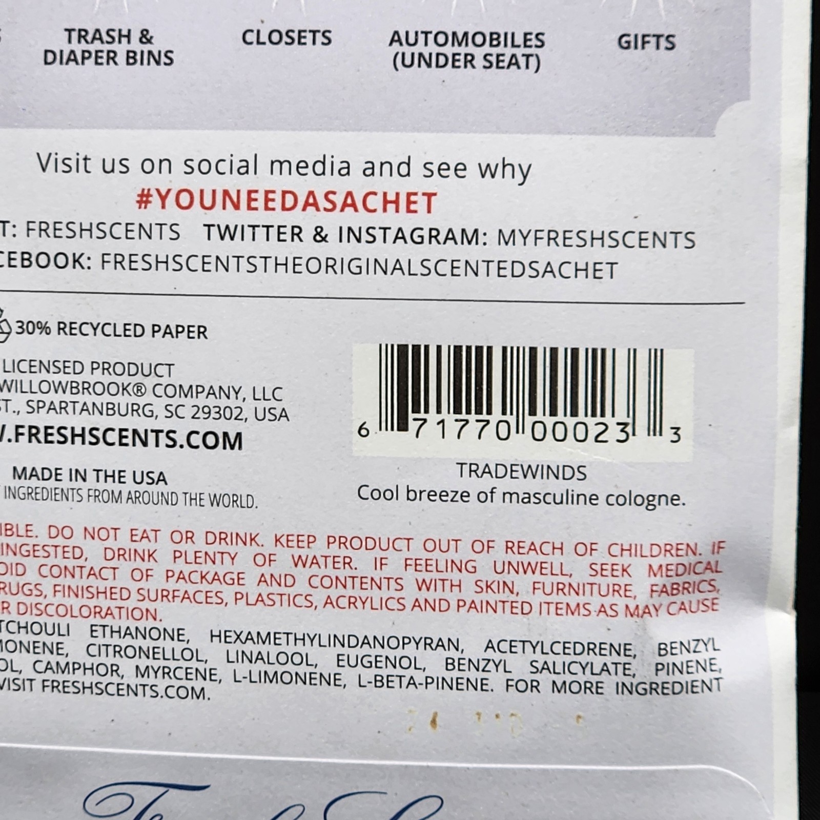 Willowbrook Fresh Scents Sachets Tradewinds Scented 2 Large New 