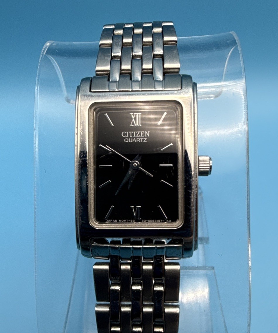 Citizen Quartz Women’s Rectangular Watch Black Dial Silver Bracelet Water-Res