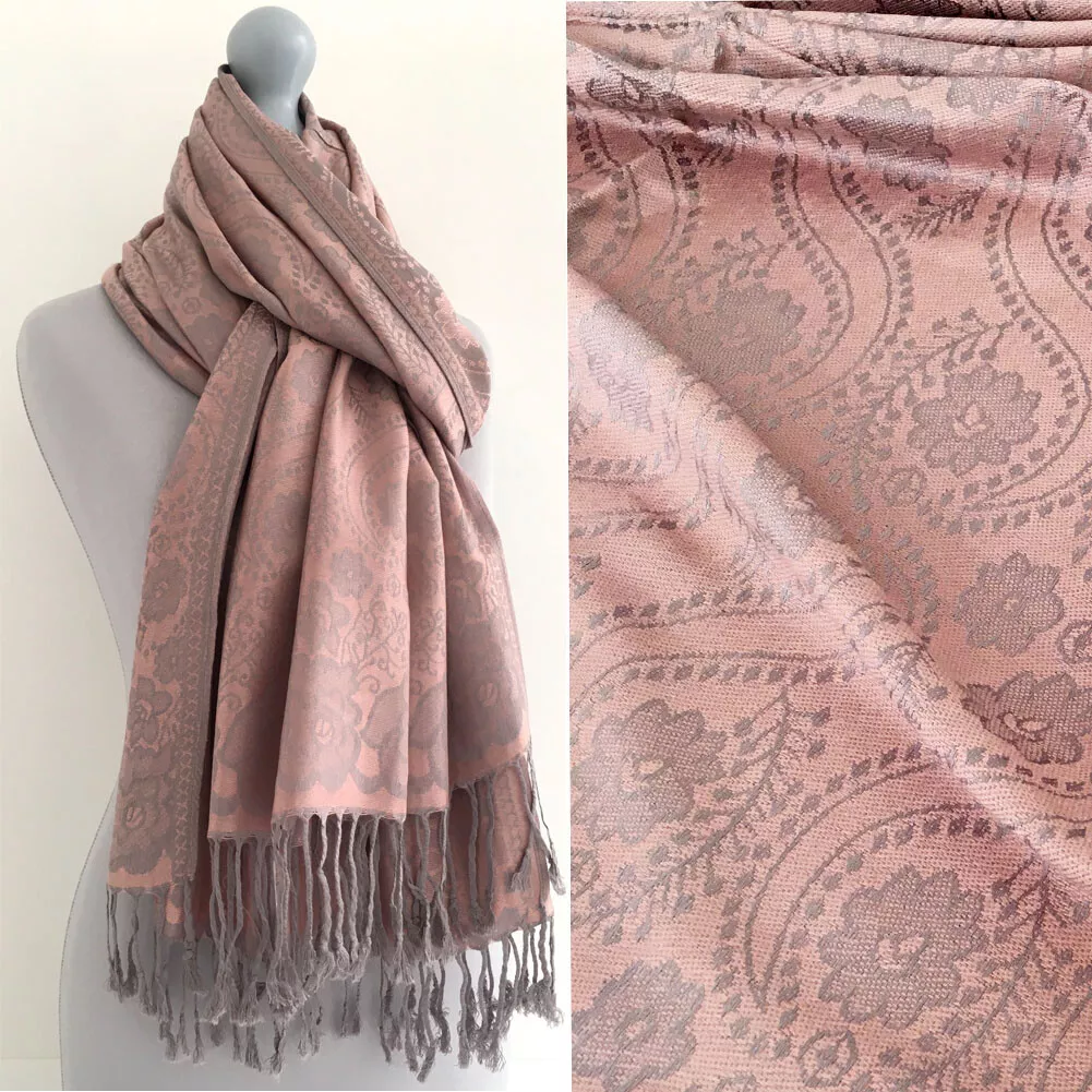 Pink Rose Gold Pashmina Shawl Large Scarf Paisley Floral Wedding Wrap Evening