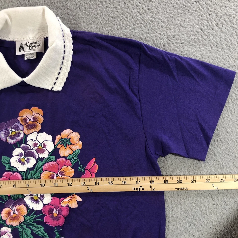 vtg Cracker Barrel T Shirt Women’s M Purple Lace Collar Pansies Flower Single - Image 3 of 4
