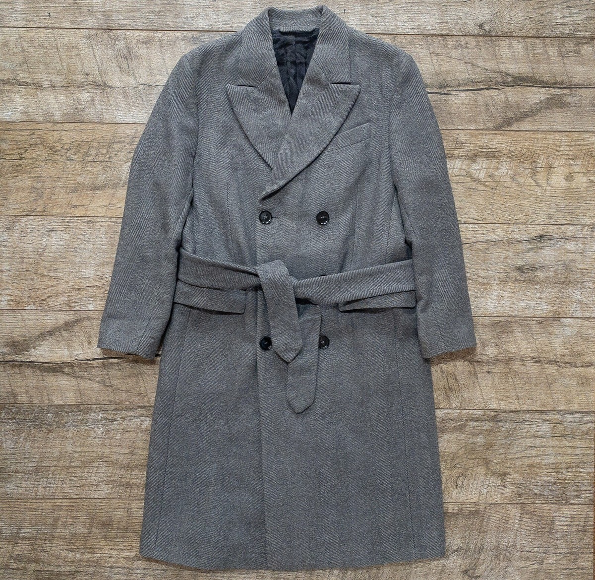 Zara Belted Herringbone Coat Mens Size M Gray Wool Double Zara Belted Herringbone Coat Mens Size M Gray Wool Double