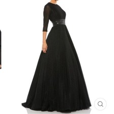 Mac Duggal Shimmering Pleated A-Line 3/4 Length Sleeve Gown Black Wedding Prom