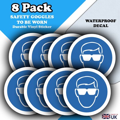Augenschutz muss getragen werden Aufkleber Schilder - 8er Pack 85mm x 85mm wasserdicht Vinyl