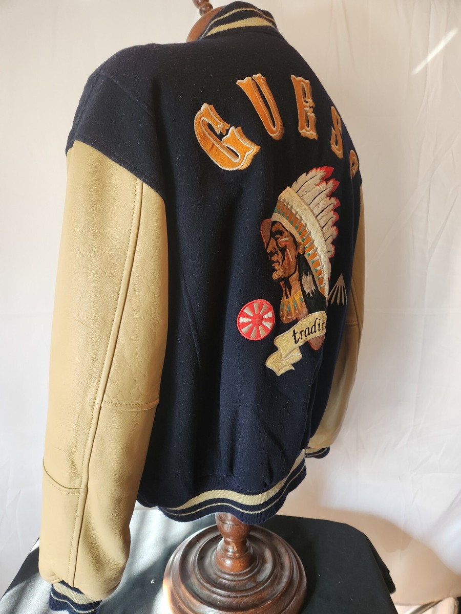 🔥🚨Vintage 90s Guess Medium Leather Wool Varsity Indian 🔥🚨Vintage 90s Guess Medium Leather Wool Varsity Indian