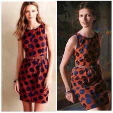 Anthropologie Women Size 2 Maeve Rokin Jacquard Polka Dots Midi Dress Orange