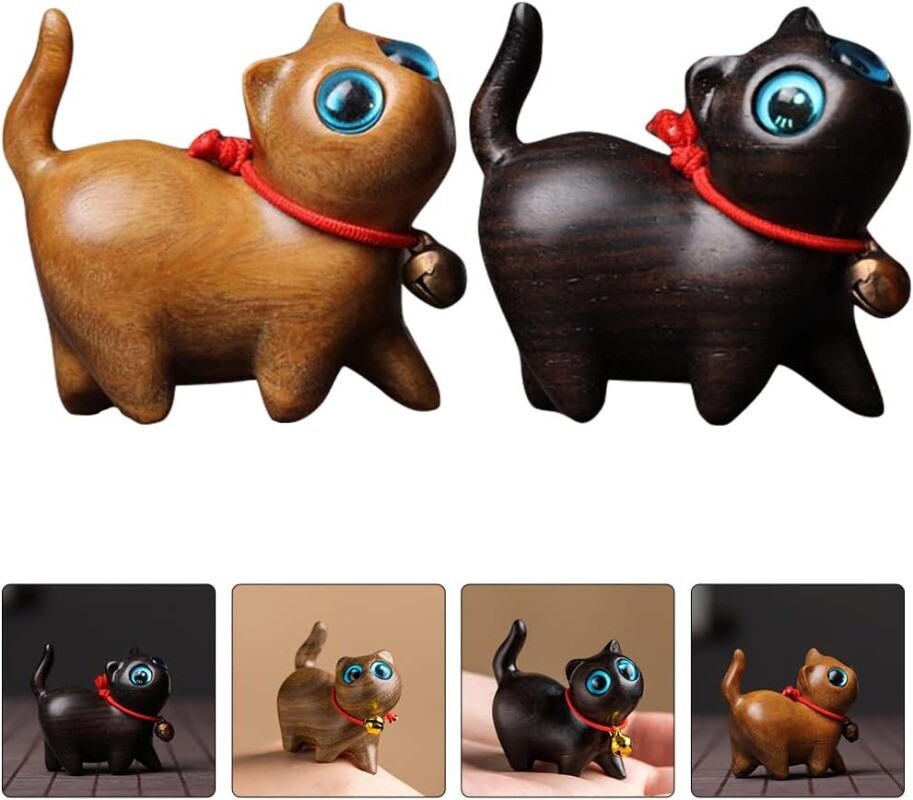 A curious cat - Wooden Statue animal Carving Wood Figure Decor Children Gift