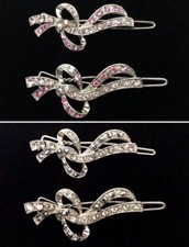 Crystal Ribbon Hair Barrette Pair, Pink or Smoke - Prom Bridal Formal