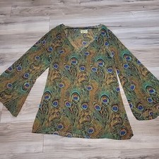 Show Me Your Mumu Top Womens S/M Peacock Print Tunic Flare Long Sleeve VGT