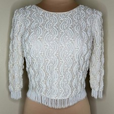 Vintage Evening Top XS Small Womens White Beaded Fringe Zip Special Occasion 80s