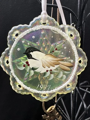 New ListingFenton Hand Painted Vaseline Uranium Opalescent 1997 Bird Ornament Artist Signed