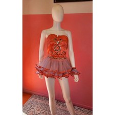 Vintage 1950's Showgirl Costume Pink Satin Sequin Bodysuit Tulle Skirt Cuffs