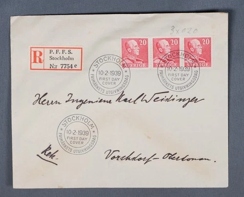 MayfairStamps Sweden FDC 1939 Stockholm Registered Strip King Olaf First Day Cov