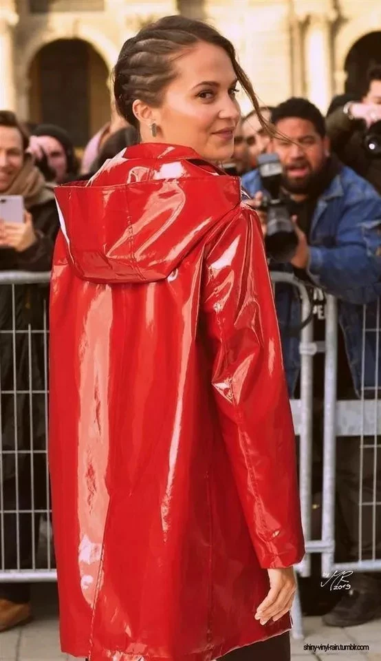 RED PVC Vinyl Hoodie womens Shinny long Coat Waterproof Winters Jacket - Image 2 of 3