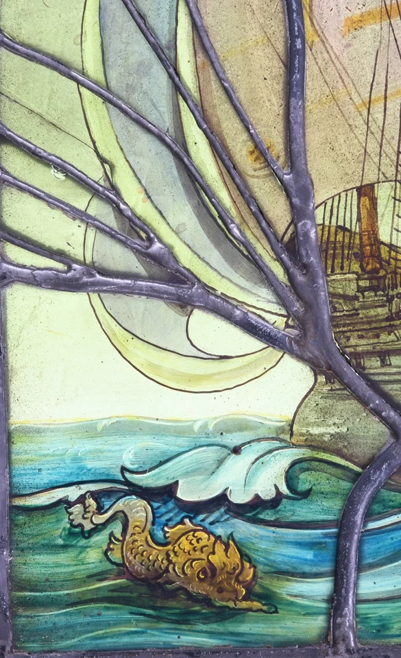 19th C, английский, свинцовый и окрашенный стеклянная панель, #8463 - Изображение 3 из 4