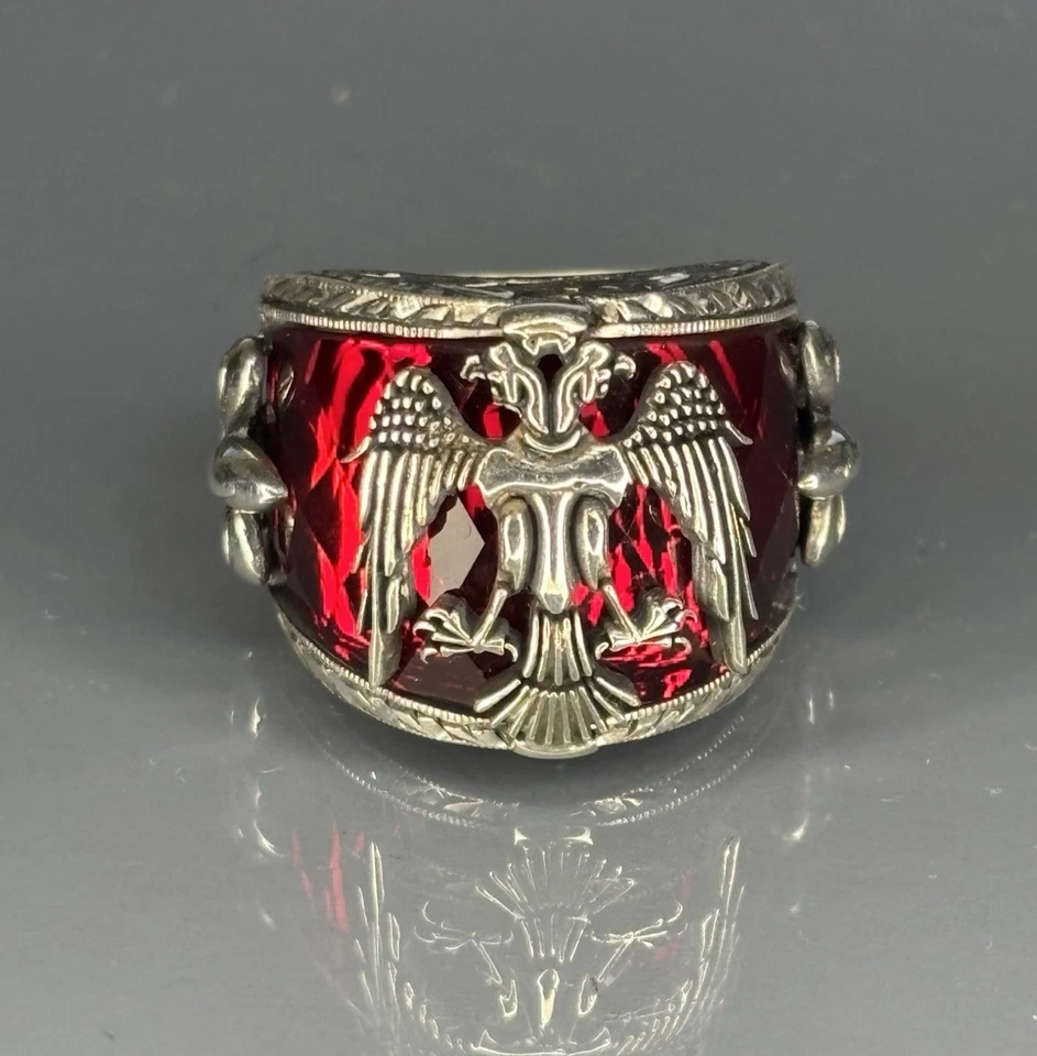 Anillo Rubí Plata Esterlina: Águila Doble Cabeza Diseño Heráldico Foto 2 de 4