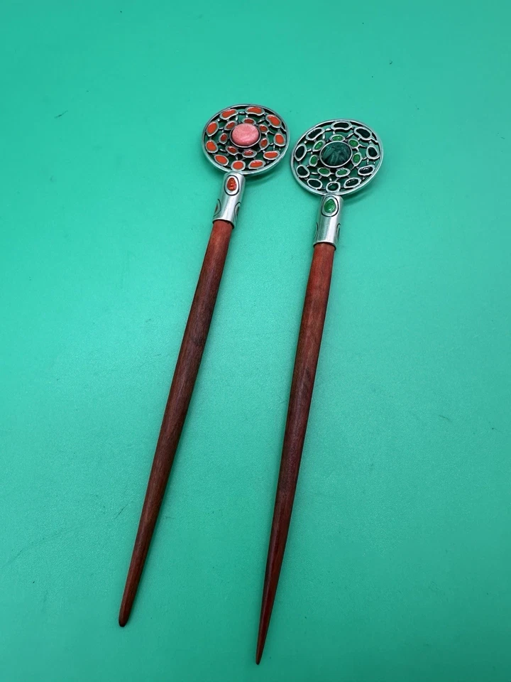 Bonito juego de 2 alfileres de pelo de 6 pulgadas de plata 925 esmaltada hecha en Ucrania Foto 2 de 4