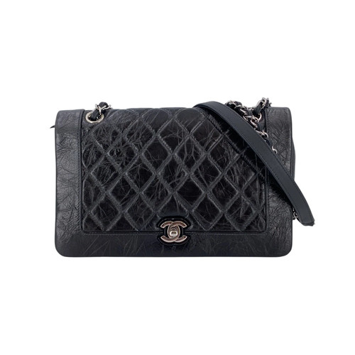 Authentic Chanel 2018 Black Aged Bi-Quilted Leather Flap Crossbody Bag