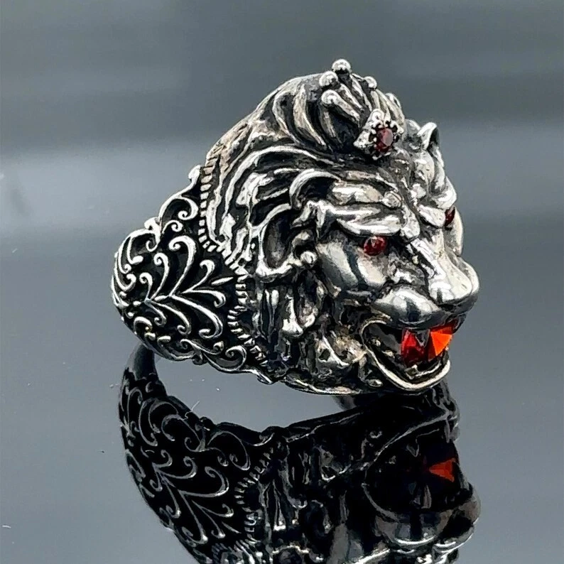 925 Silver Ruby Eyes Leon Head Animal Signet Ring - Image 2 of 4