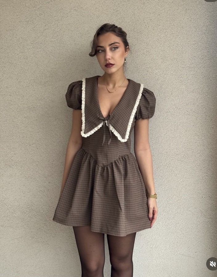 ZARA NWT WOMAN SS25 PLAID PETER PAN MINI COLLAR DRESS KHAKI | 9168