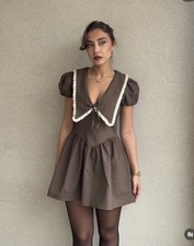 ZARA NWT WOMAN SS25 PLAID PETER PAN MINI COLLAR DRESS KHAKI | 9168/233