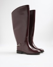 River Island Womens Boots Red Faux Leather High Leg Round Toe Block Heel Shoes